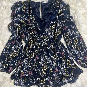 LUSH Blue Floral Long Sleeve Cold Shoulder Romper sZ MEDIUM